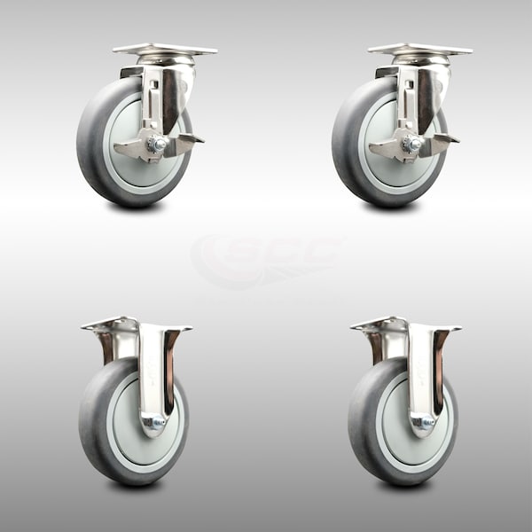 Service Caster 5 Inch 316SS Thermoplastic Rubber Swivel Top Plate Caster Brake 2 Rigid, 2PK SCC-SS31620S514-TPRB-TLB-2-R-2 - main